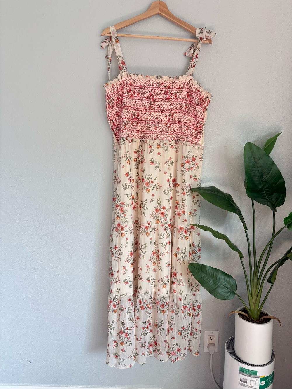 LC Lauren Conrad Cream Floral Maxi Dress with Pink Smocked Bodice bow straps